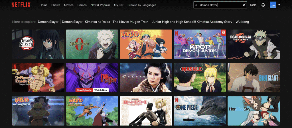 海外版Netflixで鬼滅の刃を検索後の画面