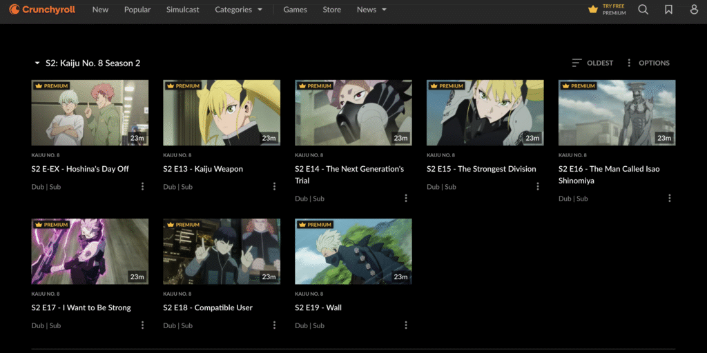 有料版Crunchyrollで見れる怪獣8号のシリーズ
