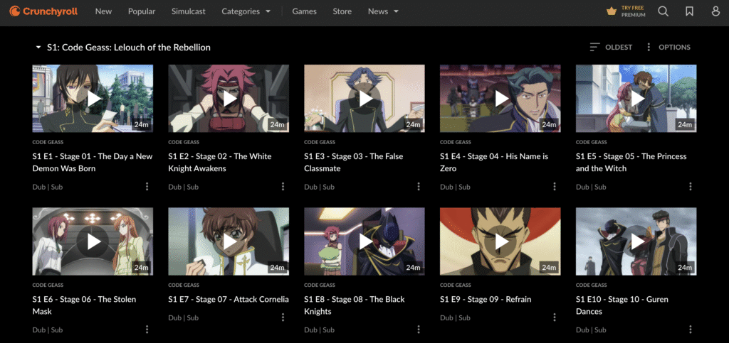 Crunchyrollでコードギアスを調べた画面