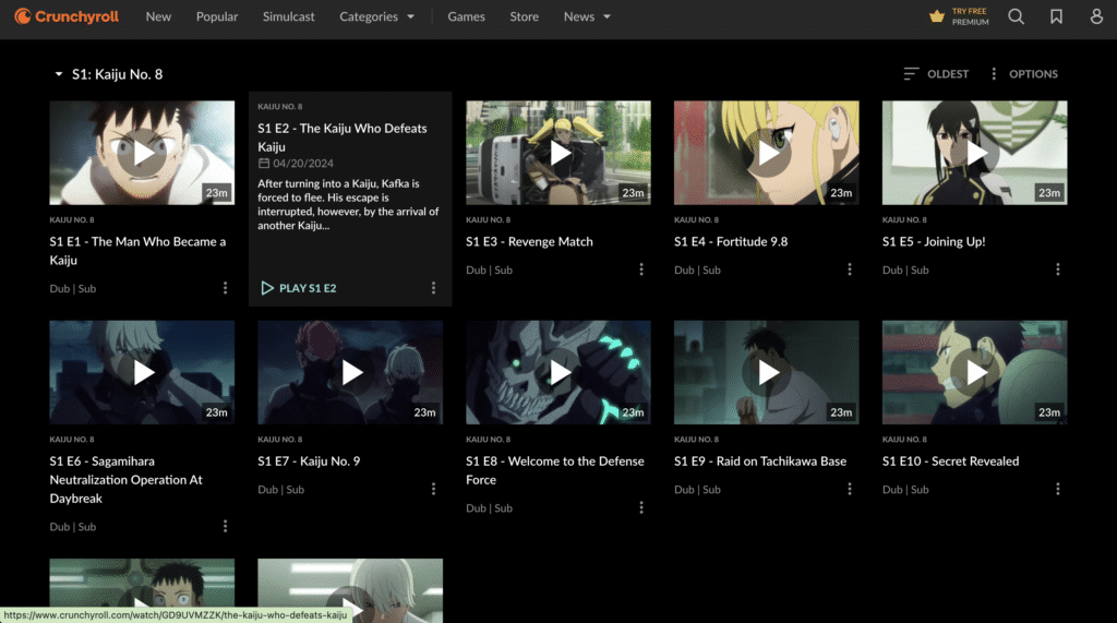 Crunchyrollで怪獣8号を検索した画面