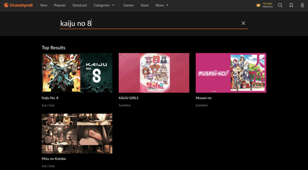 Crunchyrollで怪獣8号の検索画面