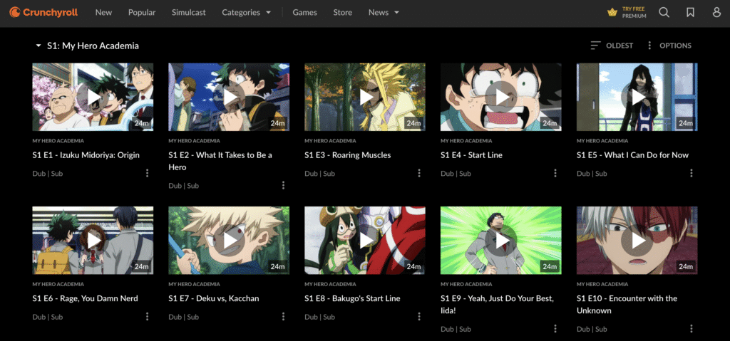 crunchyrollで僕のヒーローアカデミアを検索した画面