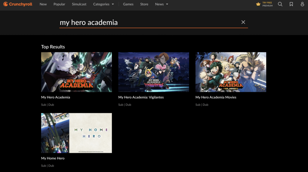 crunchyrollで僕のヒーローアカデミアを検索した画面